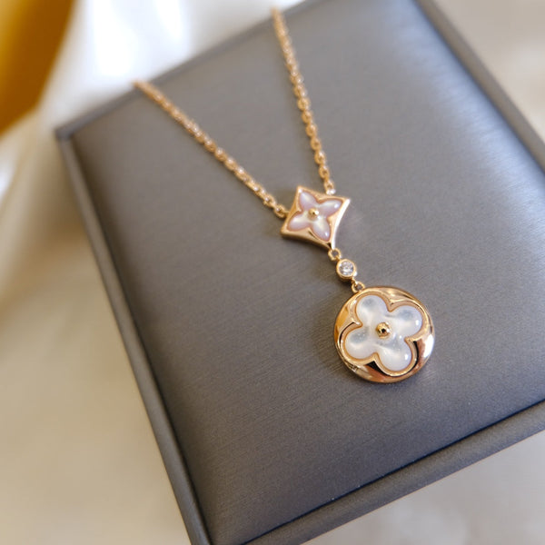ˇShow YourselfˇSTAR AND SUN WHITE MOP 2 MOTIF PINK GOLD NECKLACE