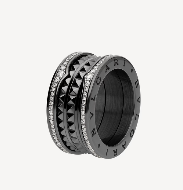 ˇShow YourselfˇZERO 1 ROCK FOUR-BAND BLACK CERAMIC WITH STUDDED SPIRAL AND PAVED DIAMONDS RING