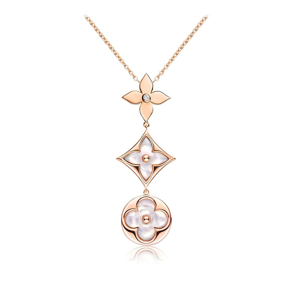 ˇShow YourselfˇCOLOR BLOSSOM LARIAT NECKLACE PINK GOLD WHITE MOTHER PEARL AND DIAMOND