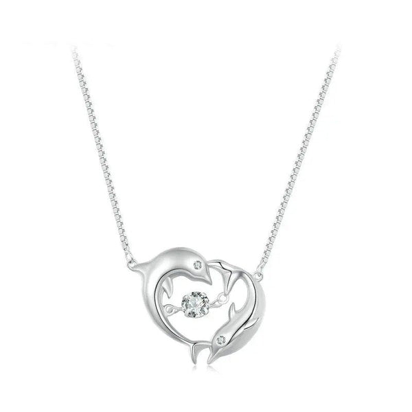 ˇShow YourselfˇDouble Dolphins Necklace Shiny Zircon Love Neck Chain
